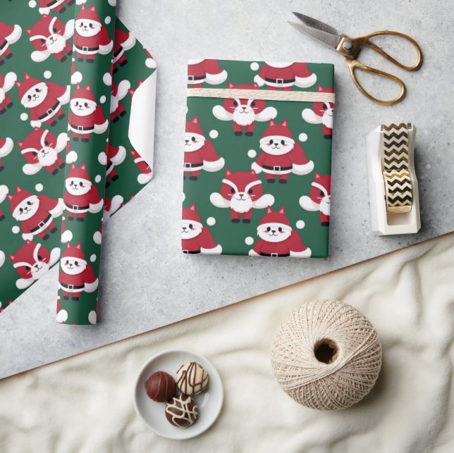 Santa Cat Frohe Weihnachten Raccoon Muster Geschenkpapier (Kunsthandwerk)