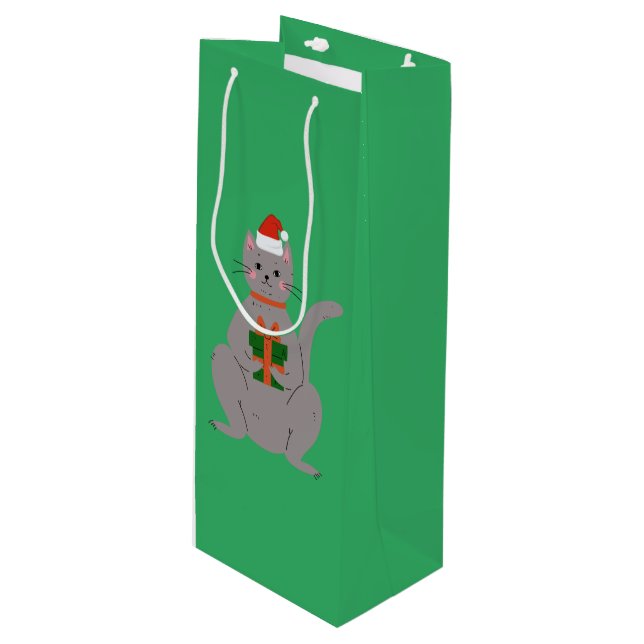 Santa Cat Geschenktüte Für Weinflaschen (Vorderseite Schrägansicht)