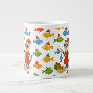 Santa Cat in Fishing Weihnachtswrapping Paper Jumbo-Tasse