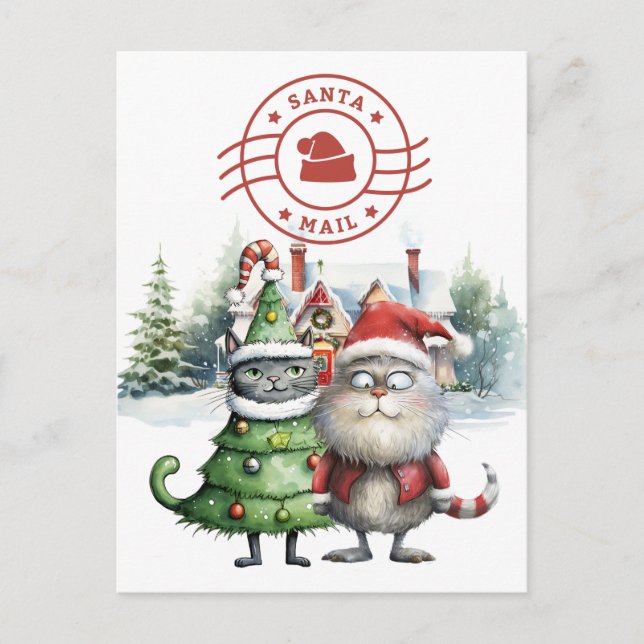 Santa Cat Mail mit Weihnachtsbaum Feiertagspostkarte (Vorderseite)