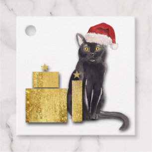Santa Cat mit Gold-Paketen Geschenketiketten Geschenkanhänger