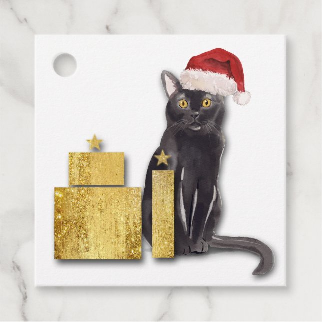 Santa Cat mit Gold-Paketen Geschenketiketten Geschenkanhänger (Vorderseite)