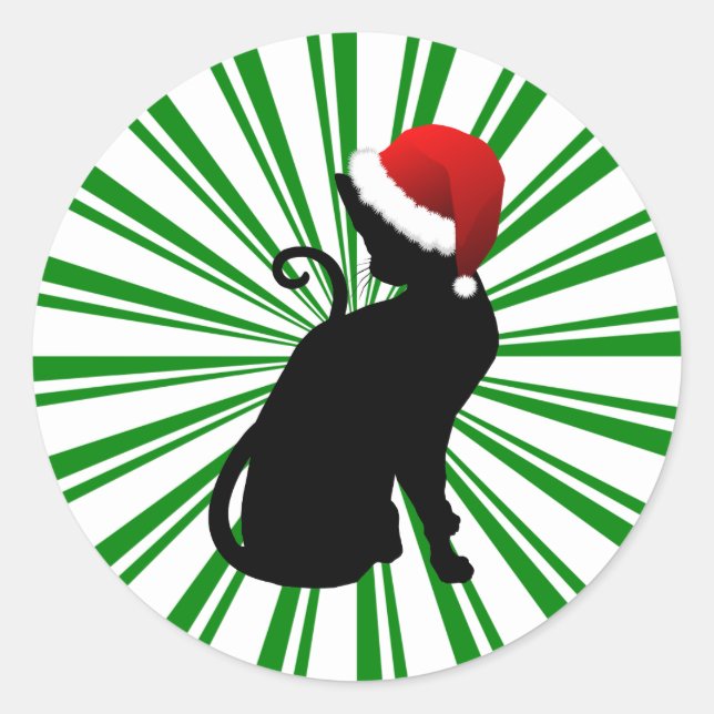 Santa Cat mit grünen Streifen Runder Aufkleber (Vorderseite)