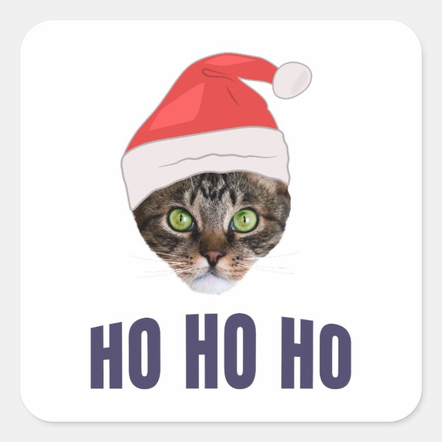 Santa Cat mit Weihnachtsmannmütze, Ho Ho Ho, Einla Quadratischer Aufkleber (Vorderseite)