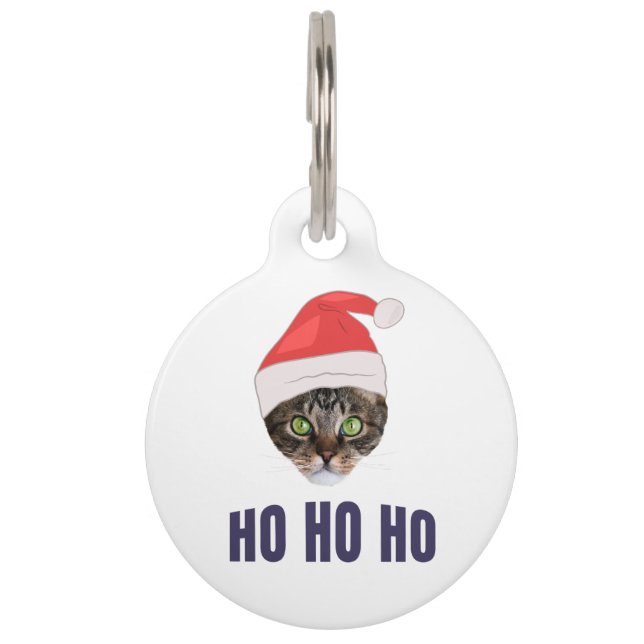 Santa Cat mit Weihnachtsmannmütze, Ho Ho ho Einlad Haustiermarke (Vorderseite)