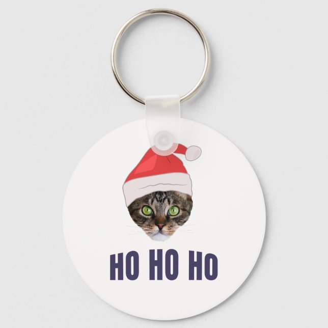 Santa Cat mit Weihnachtsmannmütze, Ho Ho ho Einlad Schlüsselanhänger (Vorderseite)