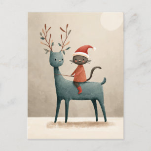 Santa Cat Riding Rentier Wasserfarbe Weihnachten Postkarte