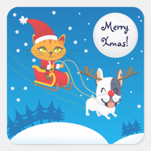 Santa Cat Sleigh Quadratischer Aufkleber