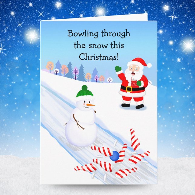 Santa Cheering Snowman Bowling Karte (Von Creator hochgeladen)