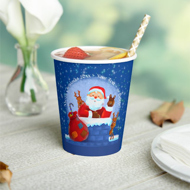 Santa Chimney Rentier Sack Add Year Blau Pappbecher (In Situ)