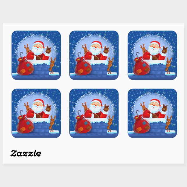 Santa Chimney Rentier Sack Add Year Blau Quadratischer Aufkleber (Blatt)