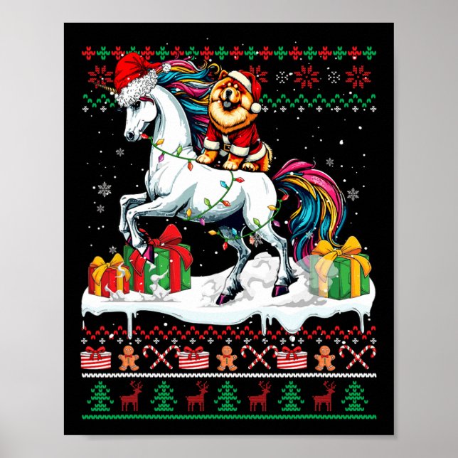 Santa Chow Chow Riding Unicorn Weihnachtskraut L Poster (Vorne)
