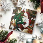 Santa Christmas Dragon Fantasy Fliese<br><div class="desc">Santa mit einem jungen grünen Drachen auf seinem Schoß. In der Höhle des Weihnachtsmannes gibt es eine Tüte Spielzeug,  Gänseleber,  weiße Einhorn und zwei Katzen in Bücherregalen. Hinter dem Hotel befindet sich ein Kamin,  Bücherregale mit Büchern und Wandteppichen eines Schneemanns</div>