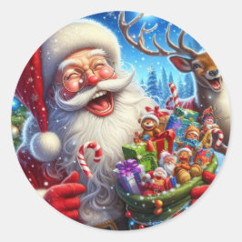 Santa Christmas Laughing Candy Cane Reindeer Runder Aufkleber
