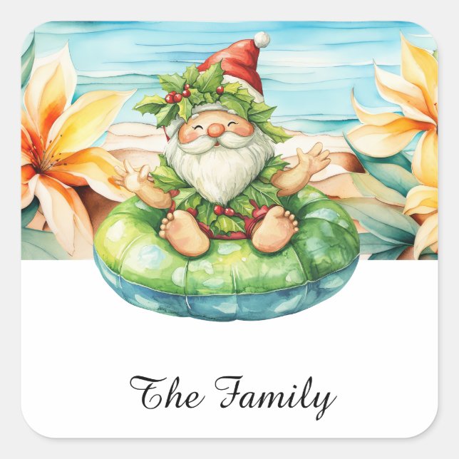 SANTA CLAUS am Hawaii Beach zu Weihnachten Quadratischer Aufkleber (Vorderseite)