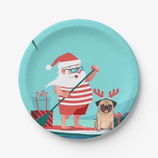 Santa Claus and His Pug on a Surfboard Pappteller (Vorderseite)