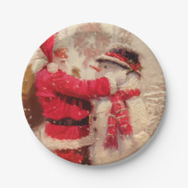 Santa claus and snowman in snowfall pappteller