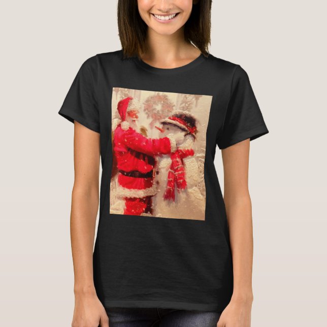 Santa Claus And Snowman In Snowfall  T-Shirt (Vorderseite)