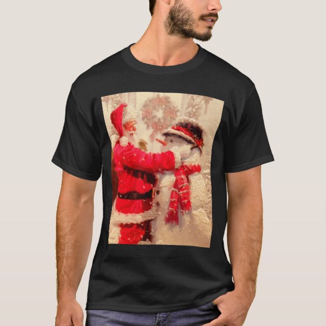 Santa Claus And Snowman In Snowfall  T-Shirt (Vorderseite)