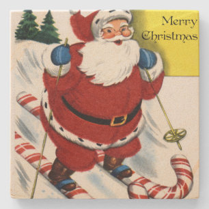 Santa Claus auf Candy Cane Skiern Weihnachten Steinuntersetzer