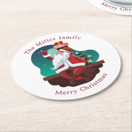 Santa Claus auf dem Dach fröhliche Weihnachtsmonog Runder Pappuntersetzer