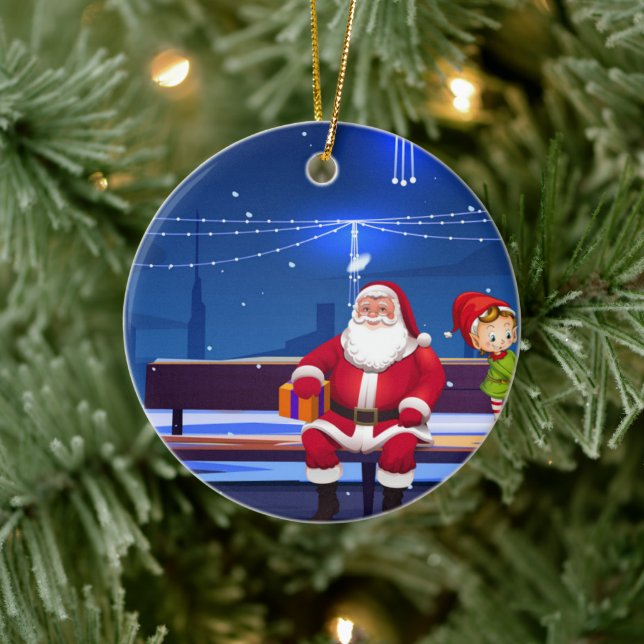 Santa Claus auf der Parkbank Keramik Ornament (Baum)
