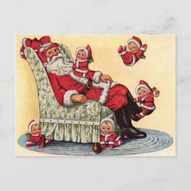 Santa Claus Babysits Retro Image Holiday Postkarte (Vorderseite)