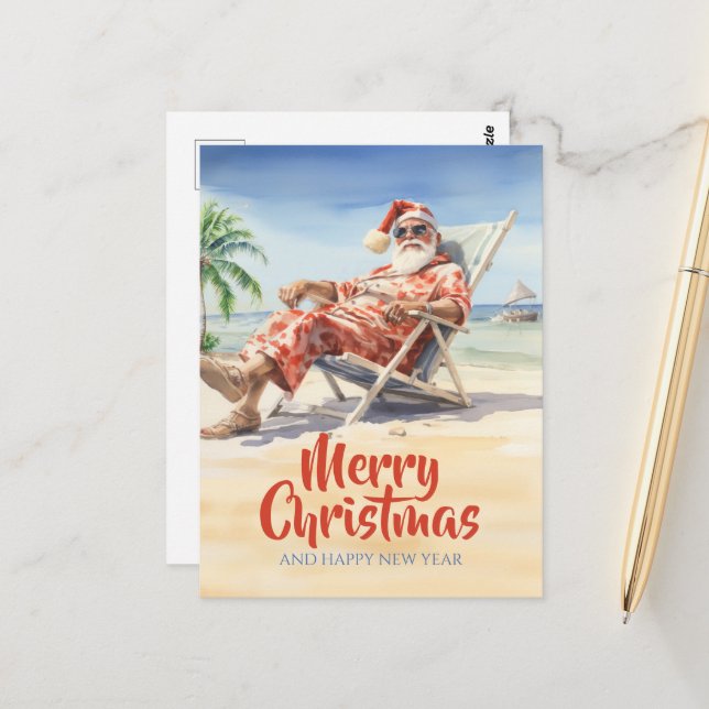 Santa Claus Beach Watercolor Postkarte (Vorderseite/Rückseite Beispiel)
