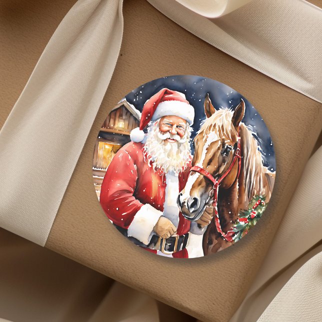 Santa Claus Brown Horse | Rustikale Farm Weihnacht Runder Aufkleber (Von Creator hochgeladen)