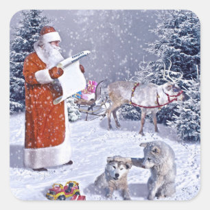 Santa Claus checking the gift list Quadratischer Aufkleber