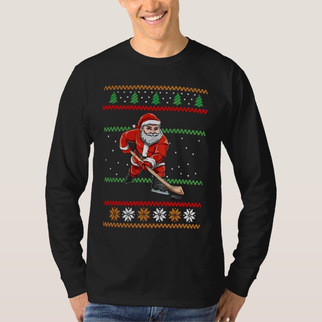 Santa Claus Christmas Ice Hockey Ugly Sweater T-Shirt (Vorderseite)