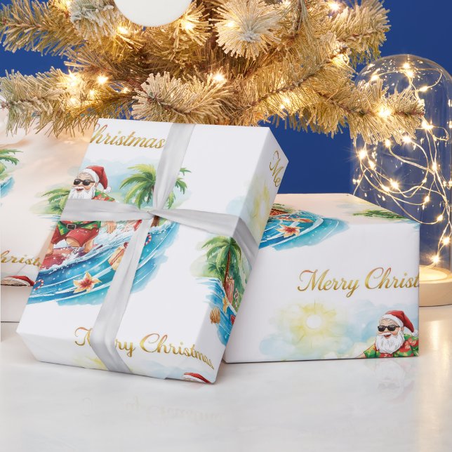 Santa Claus Christmas in July at the beach surfer Geschenkpapier (Feiertage)