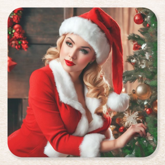 Santa Claus Christmas Pinup Lady Rechteckiger Pappuntersetzer (Vorderseite)
