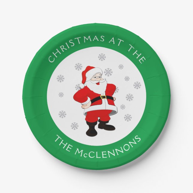 Santa Claus Custom Text Green Border Pappteller (Vorderseite)