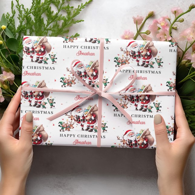 Santa Claus Deer Happy Christmas Personalized Name Geschenkpapier (Von Creator hochgeladen)