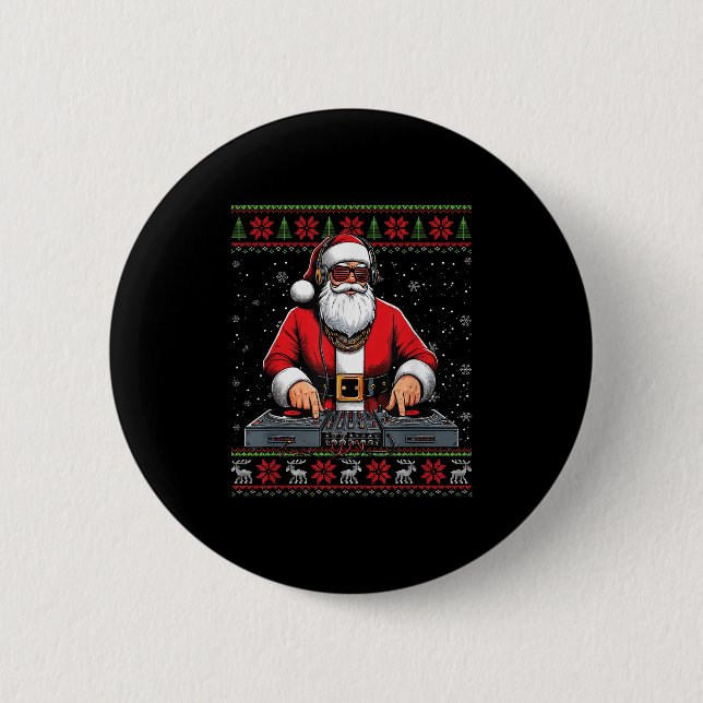 Santa Claus Dj Mixer Music Ugly Christmas Sweater  Button (Vorderseite)