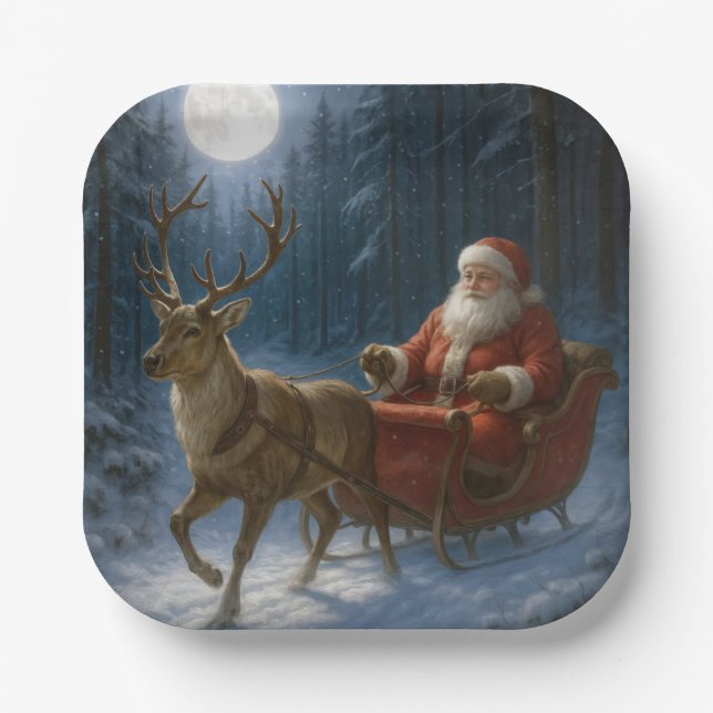 Santa Claus Driving a Sleigh In Moonlight Pappteller (Vorderseite)