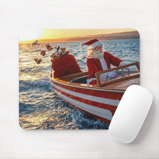 Santa Claus Driving a Speedboat Mousepad (Mit Mouse)