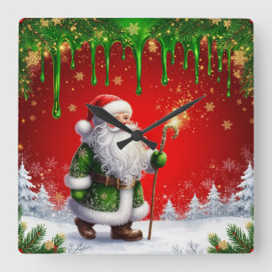 Santa Claus durch verschneite Weihnachtswunderland Quadratische Wanduhr