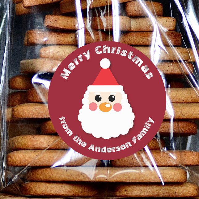 Santa Claus Face auf Red Merry Christmas Runder Aufkleber (Von Creator hochgeladen)