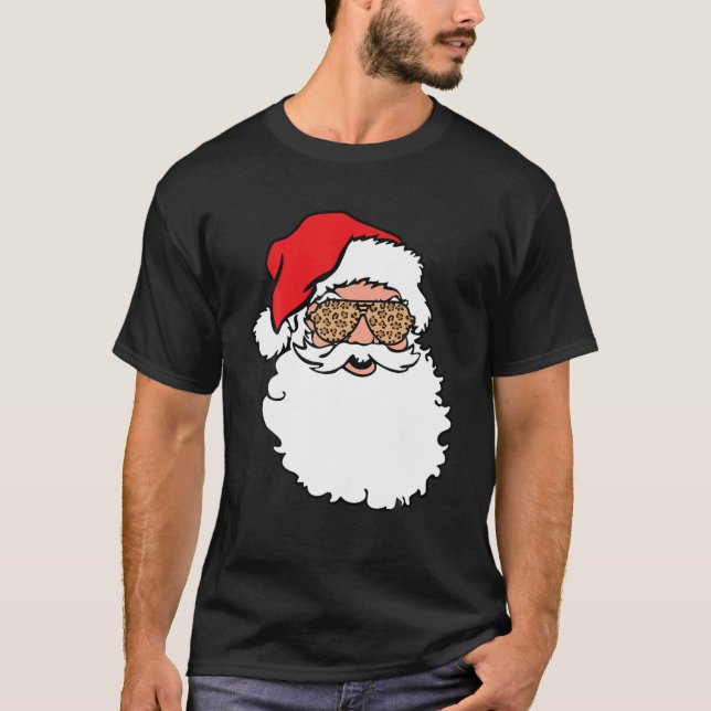 Santa Claus Face Leopard Print Sonnenbrille T-Shirt (Vorderseite)