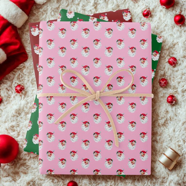 Santa Claus Face Pink Green Red Geschenkpapier Set (Von Creator hochgeladen)