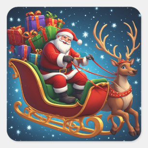 Santa Claus fährt mit einem Rentier-Schlitten Quadratischer Aufkleber