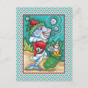 SANTA CLAUS FISH TALES, STARFISH, BAG of SAASHELLS Feiertagspostkarte