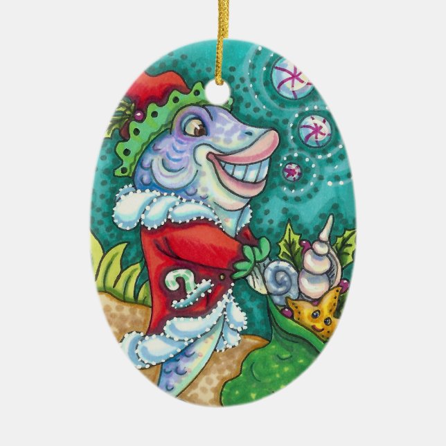 SANTA CLAUS FISH TALES, STARFISH, BAG of SAASHELLS Keramik Ornament (Vorne)