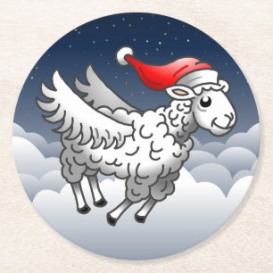 Santa Claus Flying Christmas Sheep Runder Pappuntersetzer