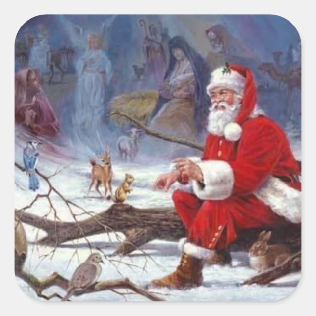 Santa Claus Füttre Eichhörnchen Quadratischer Aufkleber (Vorderseite)