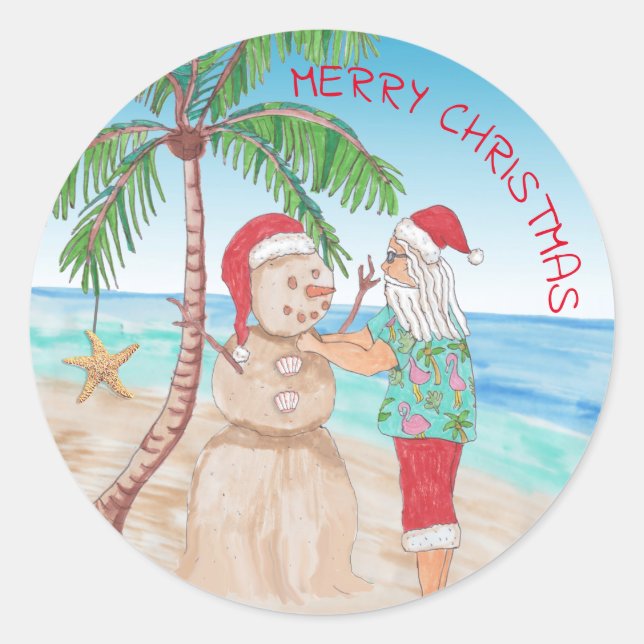 Santa Claus Gebäude Sandy Snowman Weihnachten Runder Aufkleber (Vorderseite)