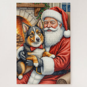Santa Claus hält Australian Shepherd Weihnachten