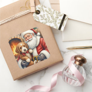 Santa Claus hält Bernedoodle Weihnachtskunst Quadratischer Aufkleber